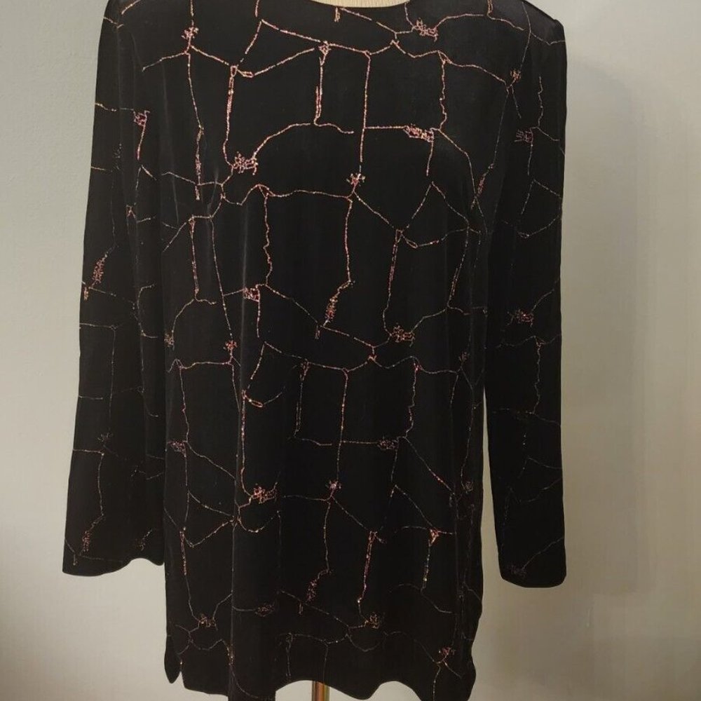 R&M Richards Karen Kwong Vintage Black Velvet Multi-Color Sparkle Tunic Size 14 - Picture 2 of 11